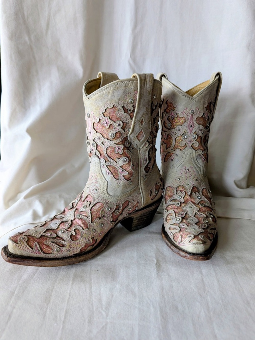 Corral Pink and Cream Embroidered Western Ankle Boots